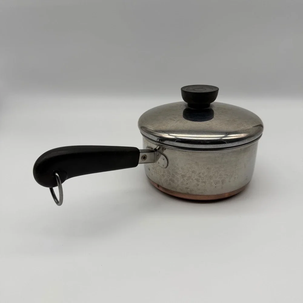 Vintage 1801 Revere Ware 1-Quart Copper Bottom Stainless Steel Sauce Pan w/ Lid